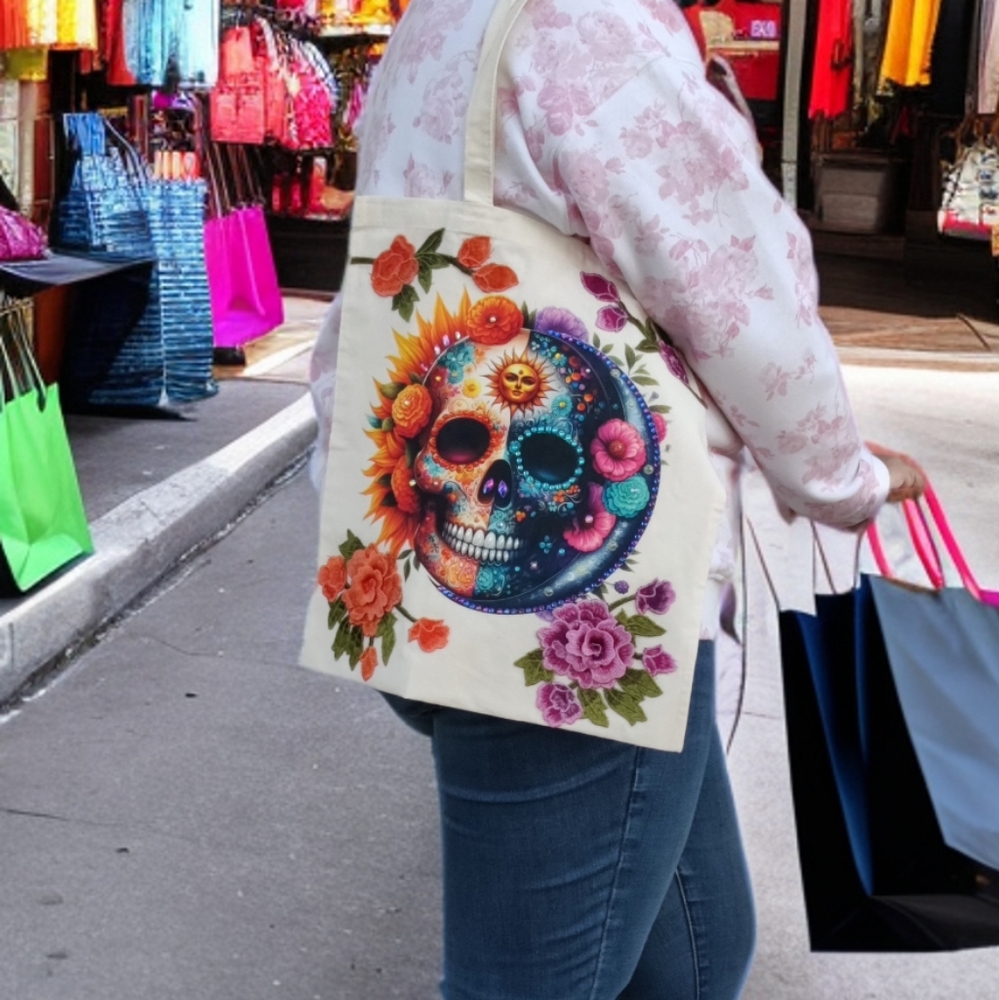 Colorful Skull and Floral Tote Bag - Picture 1 of 15